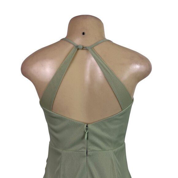 Azazie Womens Sage Green Polyester Halter Maxi Dress Pleated Elegant Gown Slit S - Picture 5 of 11